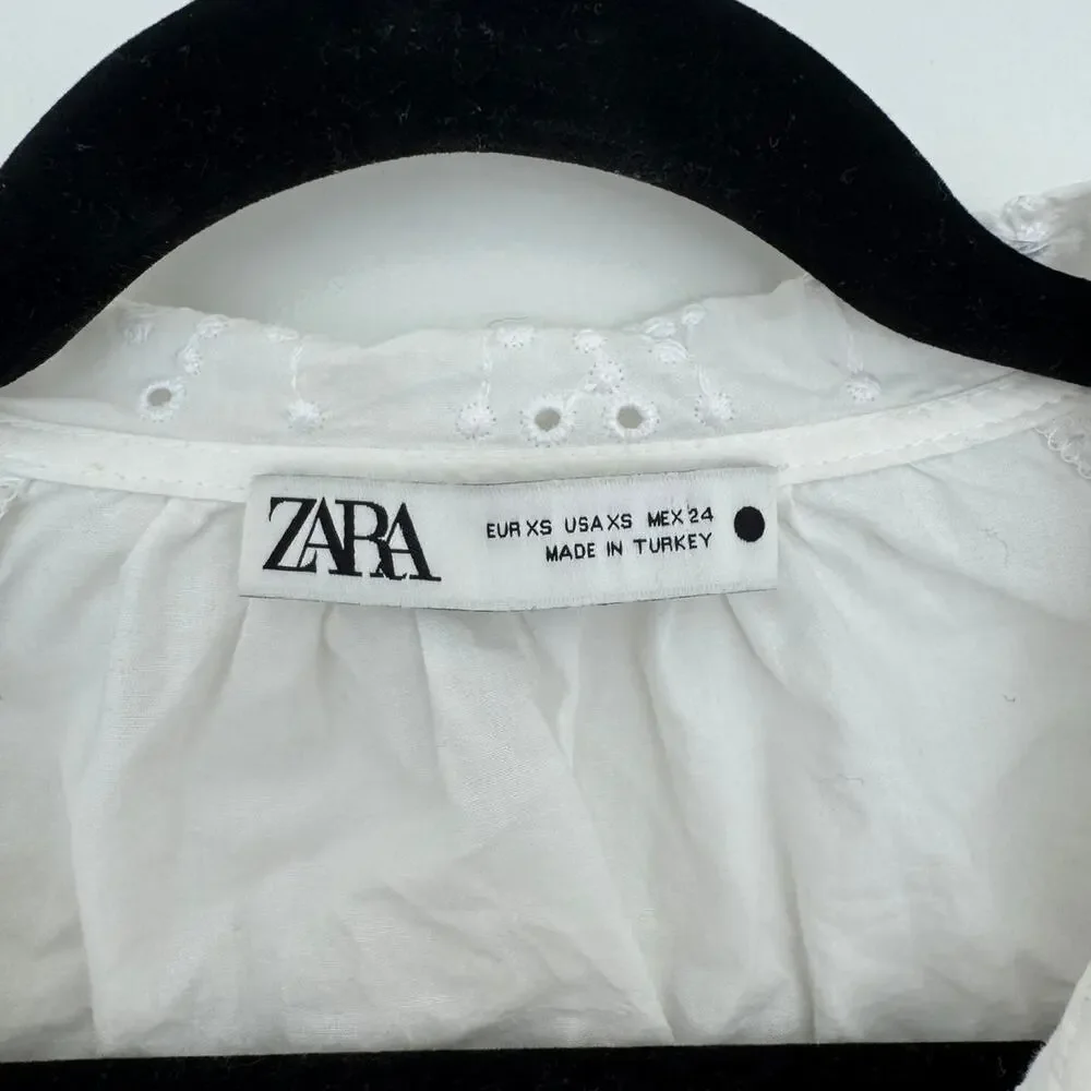 Zara white cotton blouse with lace eyelet collar